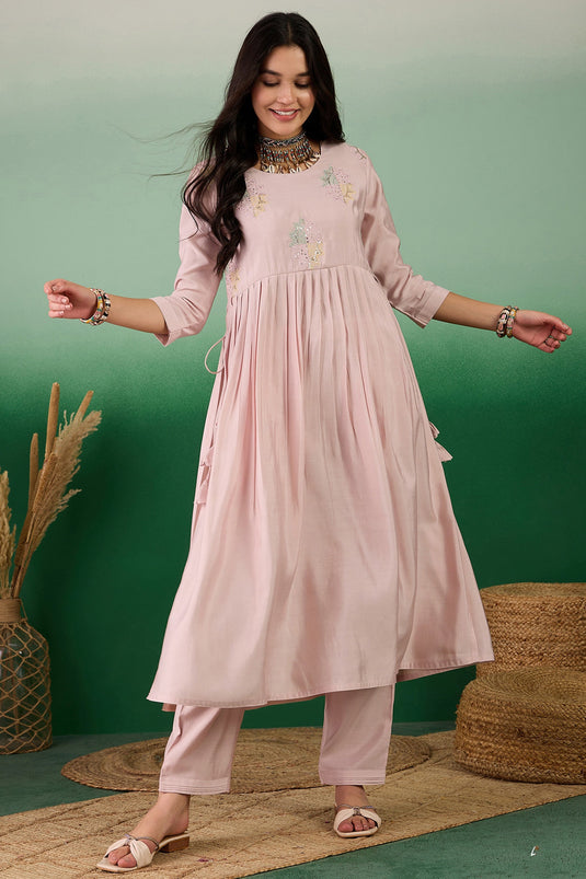 Attractive Muslin Fabric Pink Color Readymade Kurti With Bottom