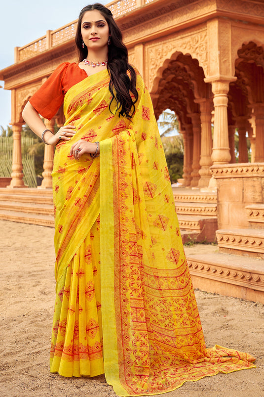 Printed Work On Chiffon Fabric Bewitching Saree In Yellow Color