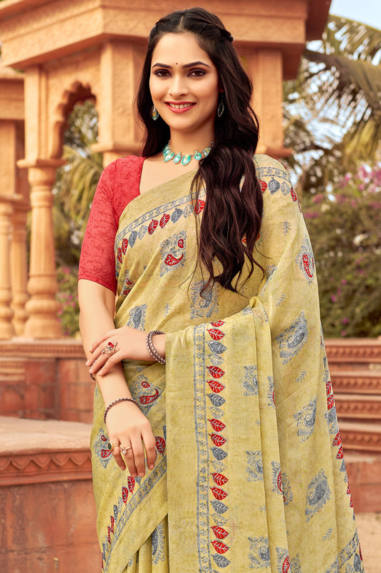 Chiffon Fabric Cream Color Patterned Saree With Printed Work
