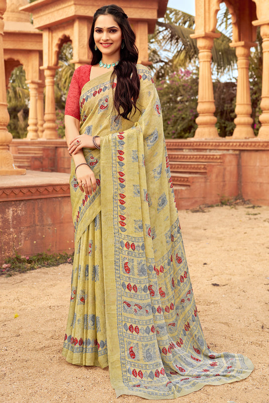 Chiffon Fabric Cream Color Patterned Saree With Printed Work