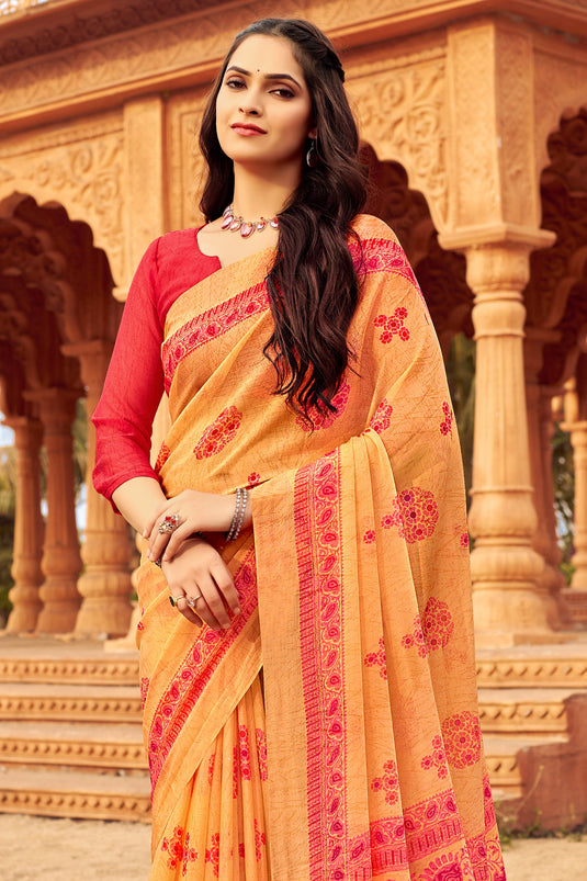 Peach Color Chiffon Fabric Engaging Saree With Printed Work