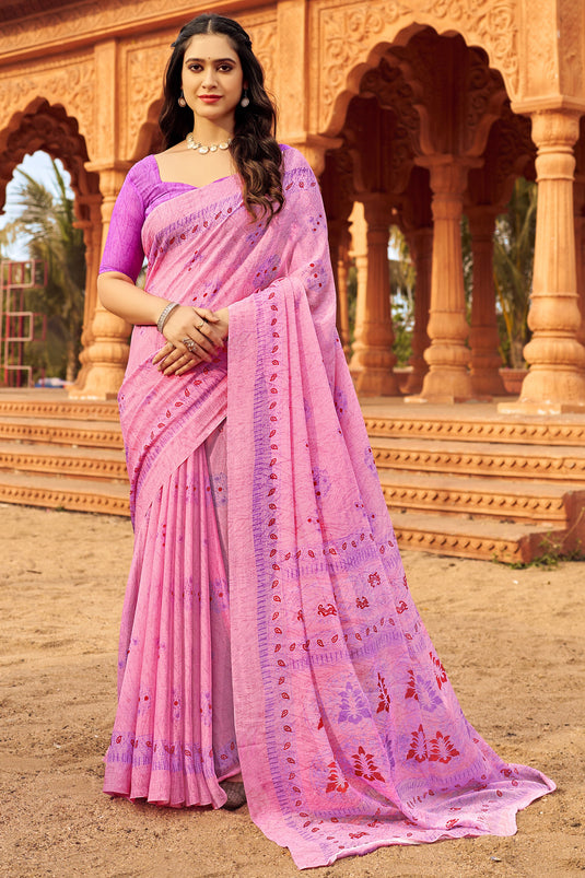 Creative Printed Work On Pink Color Chiffon Fabric Saree