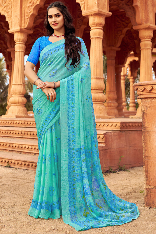 Excellent Chiffon Fabric Cyan Color Saree With Printed Work