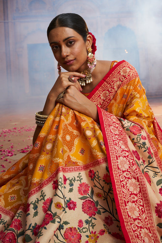 Fashionable Mustard Color Weaving Designs Art Silk Saree