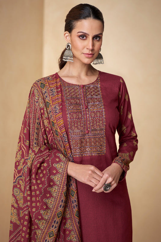 Casual Look Maroon Color Inventive Salwar Suit In Fancy Cotton Fabric