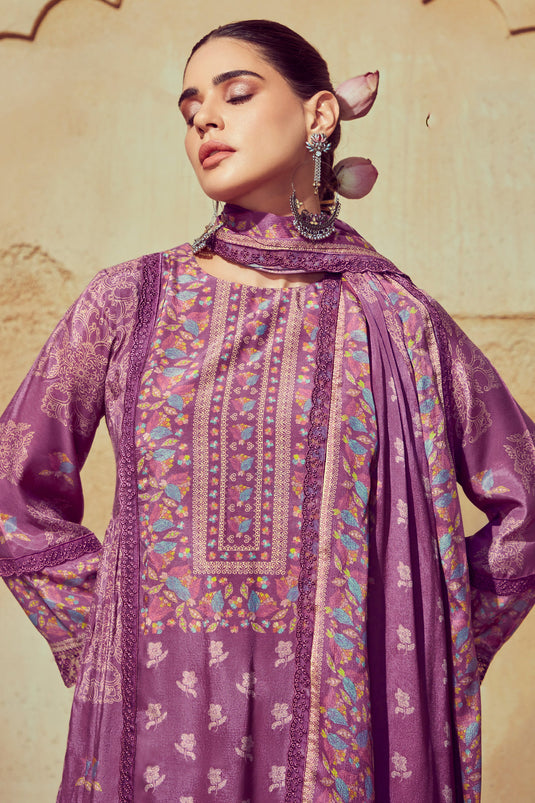 Alluring Muslin Fabric Purple Color Festive Look Salwar Suit