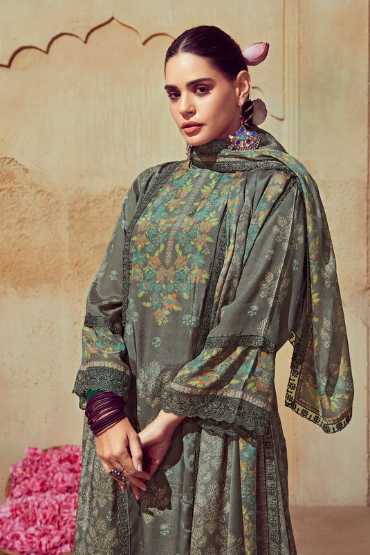Grey Color Muslin Fabric Elegant Festive Look Salwar Suit