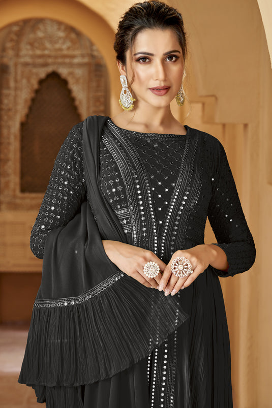 Georgette Fabric Black Color Festive Wear Embroidered Readymade Anarkali Salwar Kameez