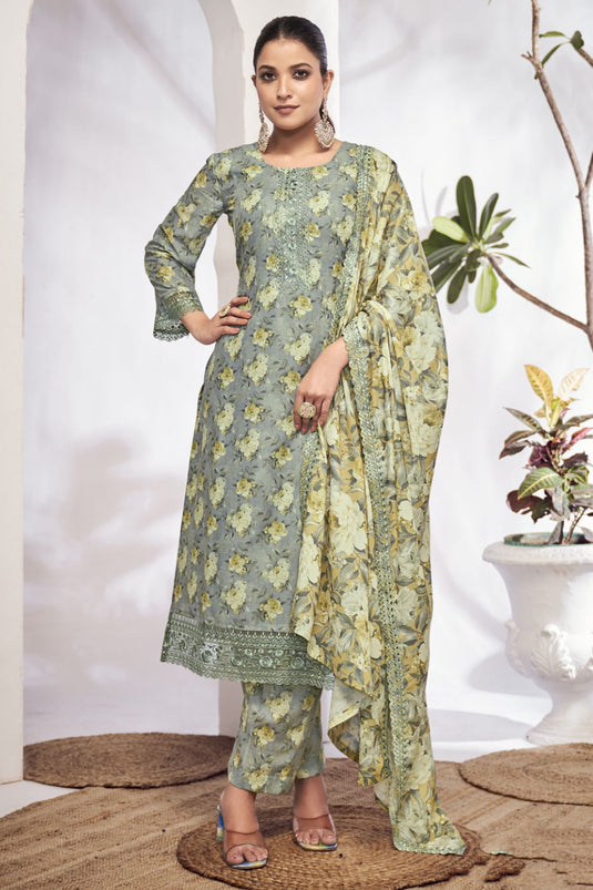 Radiant Grey Color Cotton Fabric Digital Printed Salwar Suit