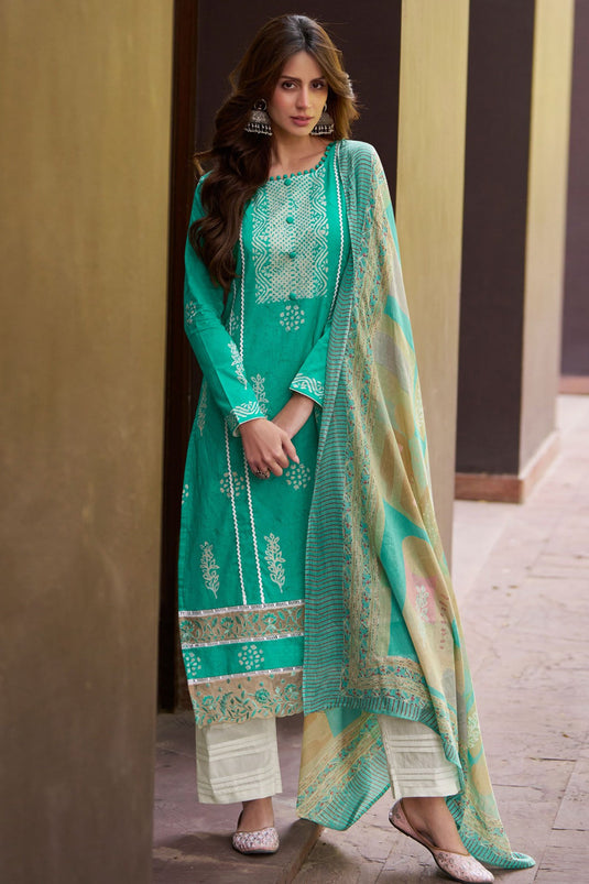 Creative Casual Fancy Cotton Fabric Salwar Suit In Sea Green Color