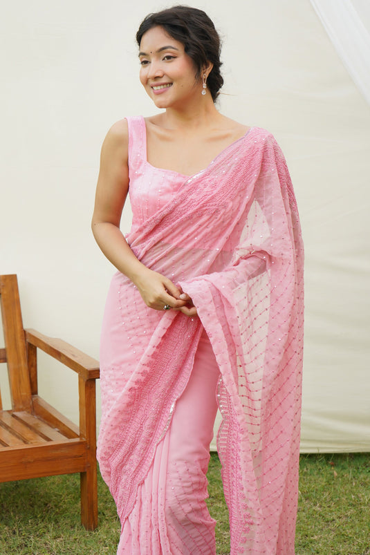 Sequins Work Soothing Festive Wear Georgette Saree In Pink Color