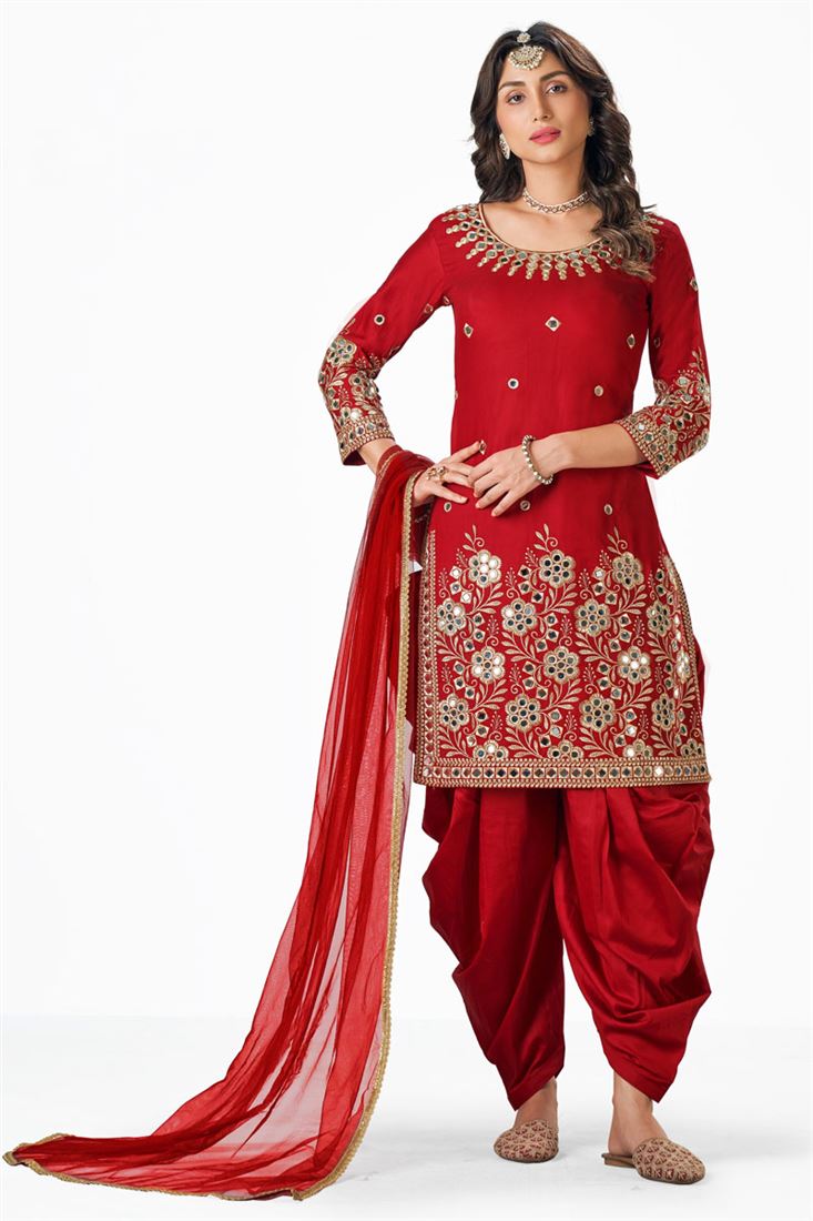 Red Tafeta Silk Patiyala Suit main image 0