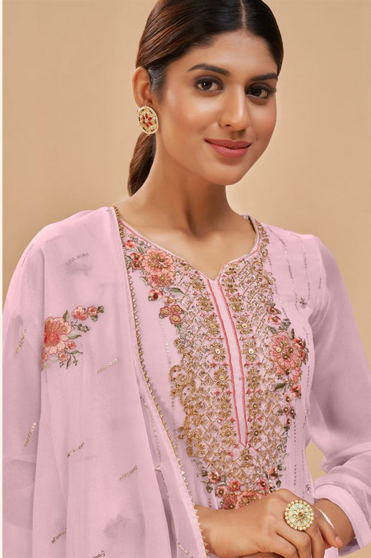 Brilliant Embroidered Work Georgette Fabric Pink Color Straight Palazzo Suit