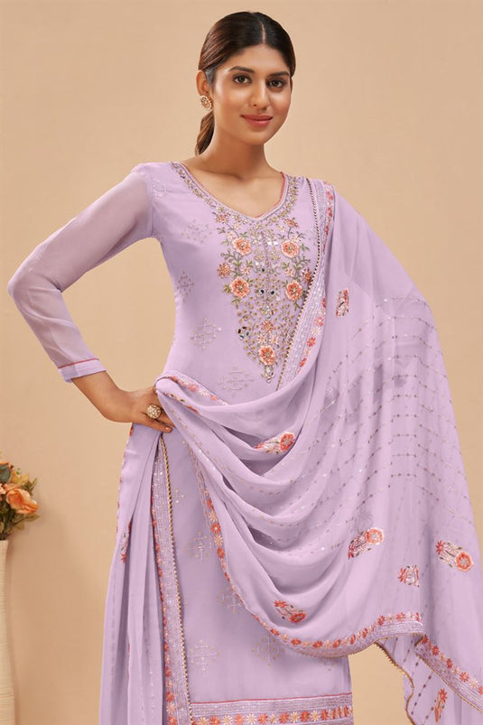 Lovely Embroidered Work Georgette Fabric Lavender Color Casual Wear Straight Palazzo Suit