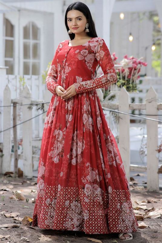 Georgette Fabric Digital Printed Luminous Readymade Gown In Red Color