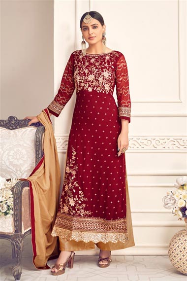 Maroon Color Embroidered Viscose And Georgette Fabric Party Wear Palazzo Salwar Kameez