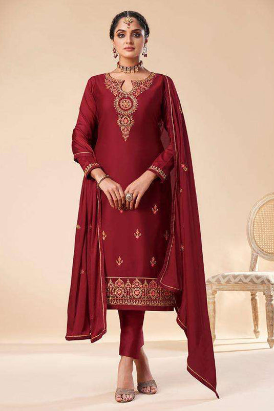 Art Silk Party Wear Trendy Embroidered Straight Cut Suit In Maroon Color