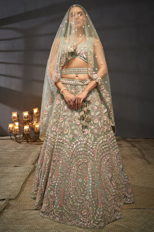 Occasion Wear Sequins Work Lehenga Choli In Sea Green Net Fabric