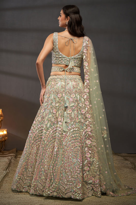 Occasion Wear Sequins Work Lehenga Choli In Sea Green Net Fabric