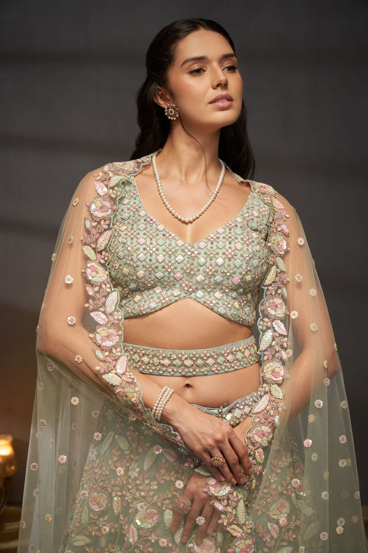 Occasion Wear Sequins Work Lehenga Choli In Sea Green Net Fabric