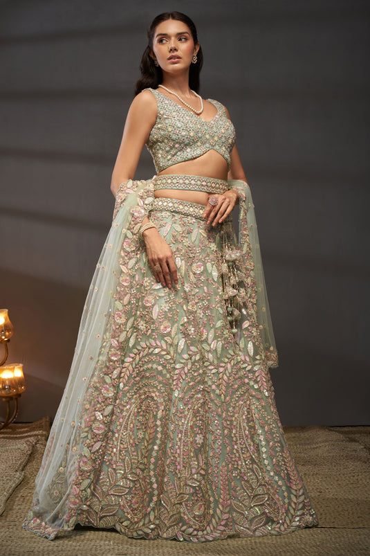 Occasion Wear Sequins Work Lehenga Choli In Sea Green Net Fabric