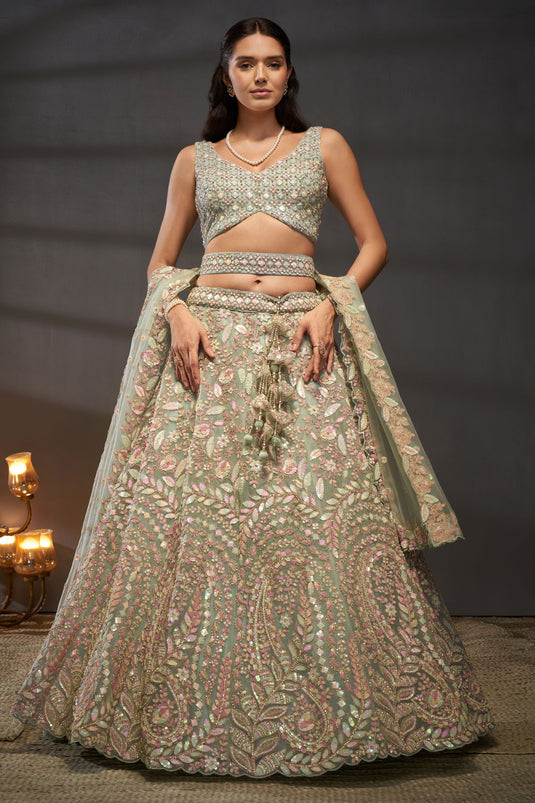 Occasion Wear Sequins Work Lehenga Choli In Sea Green Net Fabric