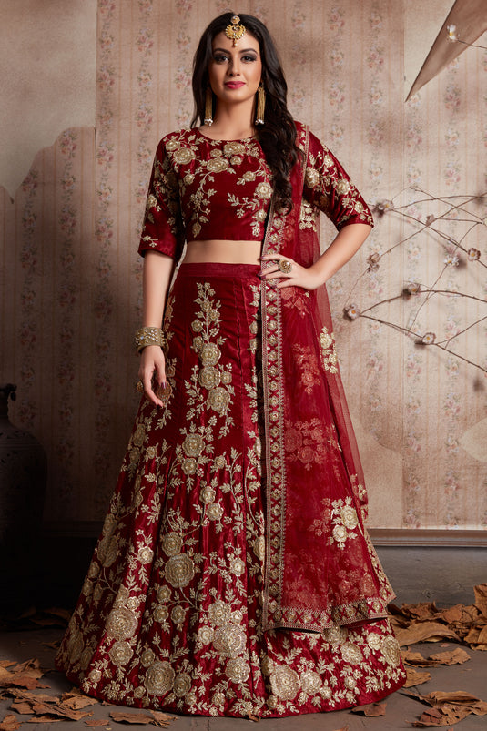 Exclusive Velvet Silk Maroon Embellished Wedding Wear Lehenga With Work