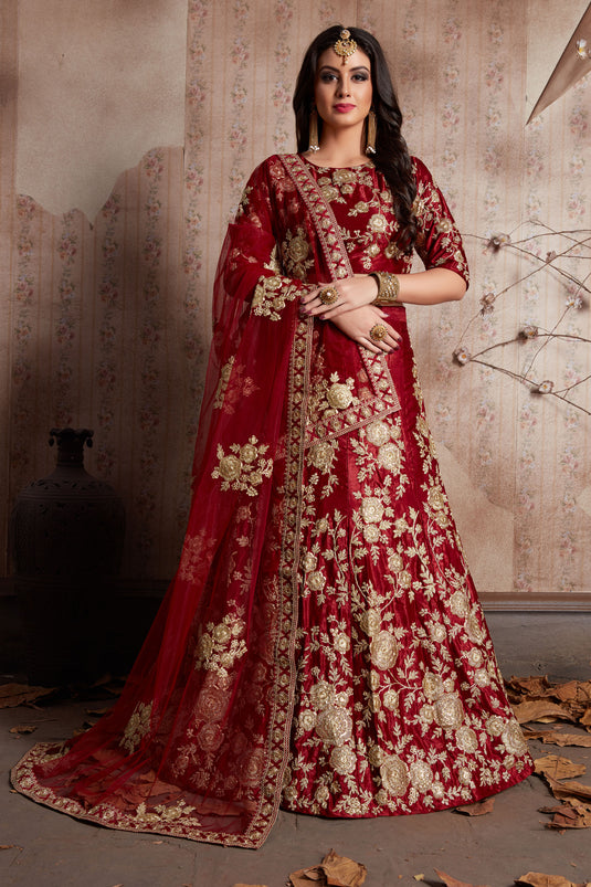 Exclusive Velvet Silk Maroon Embellished Wedding Wear Lehenga With Work