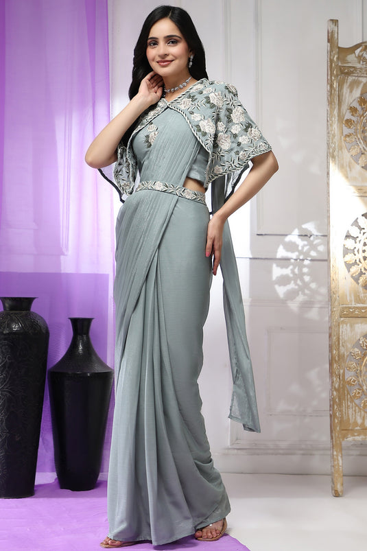 Imposing Party Style Ready To Wear Chiffon Saree In Sea Green Color
