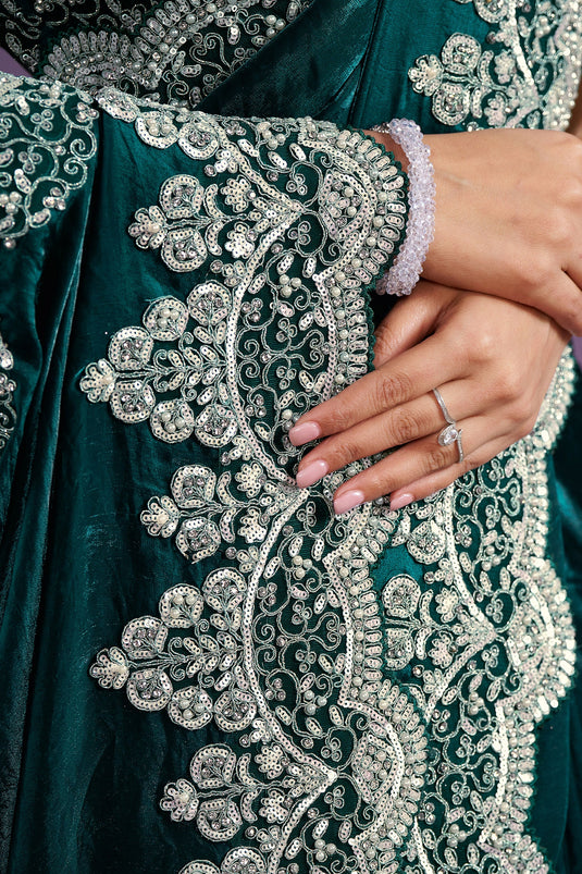 Green Color Pleasant Satin Silk Party Style Two Tone Saree