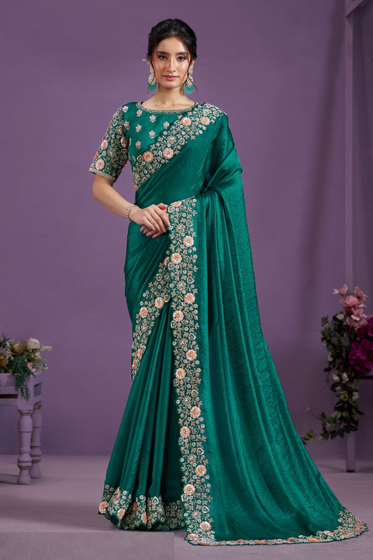 Attractive Satin Silk Party Style Two Tone Saree In Teal Color