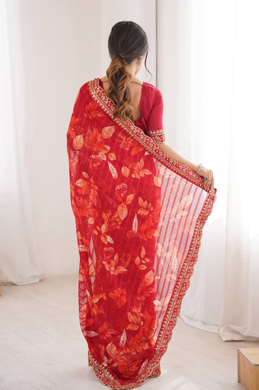 Printed Fancy Fabric Red Saree For Casual Wear