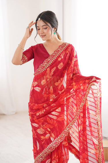 Printed Fancy Fabric Red Saree For Casual Wear