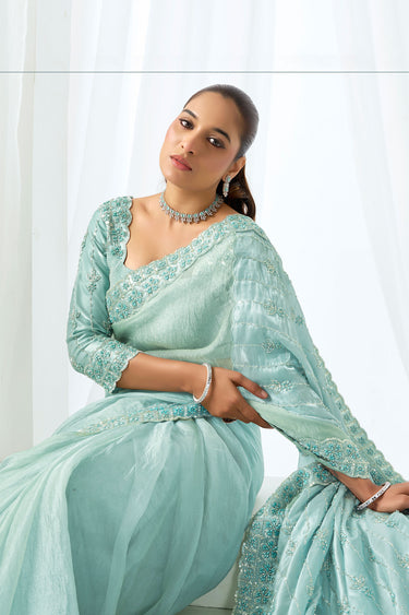 Light Cyan Wedding Wear Sequins Beads Pearl Work Organza Satin Pre Stitched Saree