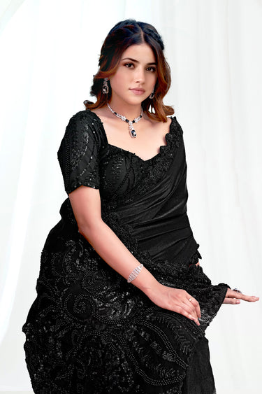 Classic Black Designer Fancy Fabric Heavy Hand Work Ready To Wear Saree