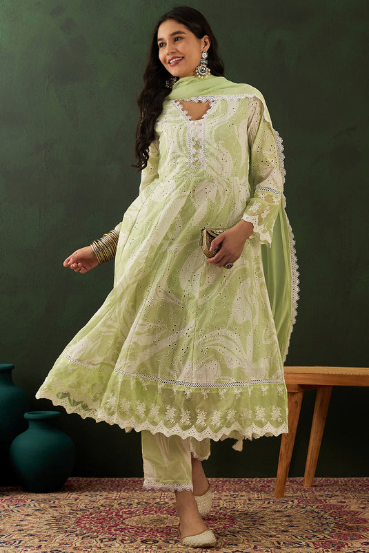 Excellent Cotton Fabric Green Color Readymade Salwar Suit In Festive Wear