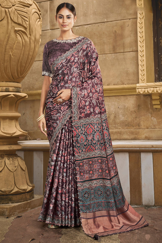 Creative Border Work On Wine Color Gajji Silk Fabric Saree