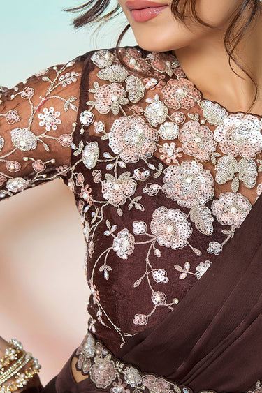 Elegant Brown Satin Silk Pre Stitched Saree With Sequins Embroidery And Designer Blouse