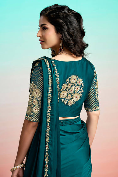 Party Wear Teal Satin Silk Sequins Embroidered Work Pre Stitched Saree With Koti