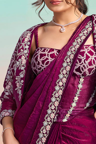 Luxury Satin Silk Designer Sequins Work Ready To Wear Saree With Corset Blouse And Jacket
