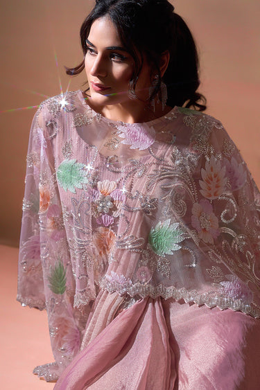 Glamorous Georgette Satin Heavy Sequins Work Pre Stitched Saree With Designer Blouse And Poncho