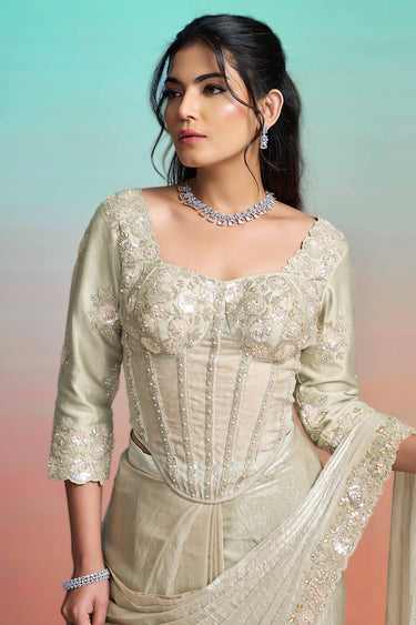 Exclusive Beige Satin Silk Sequins Embroidery Readymade Saree With Fashionable Corset Blouse