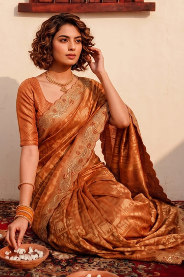 Rust Banarasi Silk Woven Handwork Festive Saree