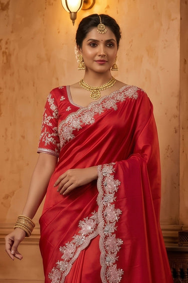 Majestic Satin Silk Red Occasion Wear Heavy Border Saree Saree
