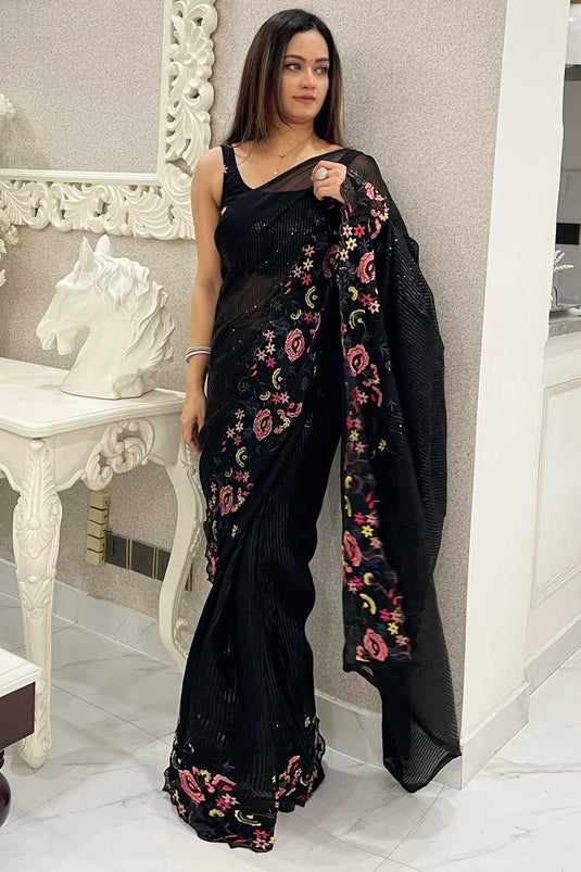 Black Color Exquisite Sequins Work Shimmer Silk Saree