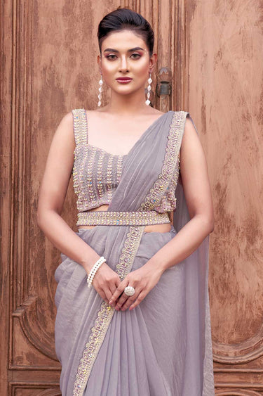 Lavender Two Tone Satin Silk Pearl Work Ready to wear saree