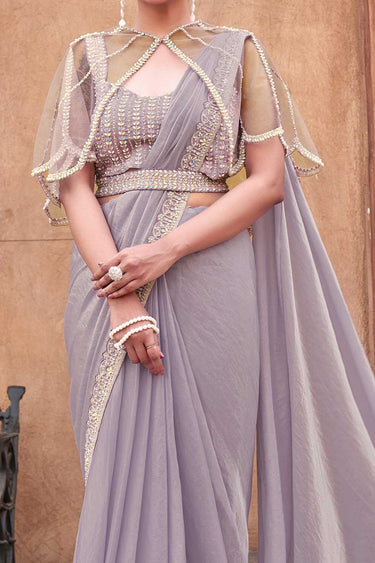Lavender Two Tone Satin Silk Pearl Work Ready to wear saree