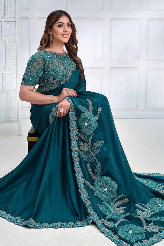 Teal Color Brilliant Party Style Crepe Satin Silk Saree