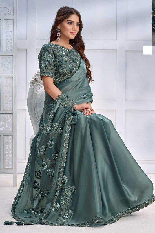 Soothing Party Style Crepe Satin Silk Saree In Sea Green Color