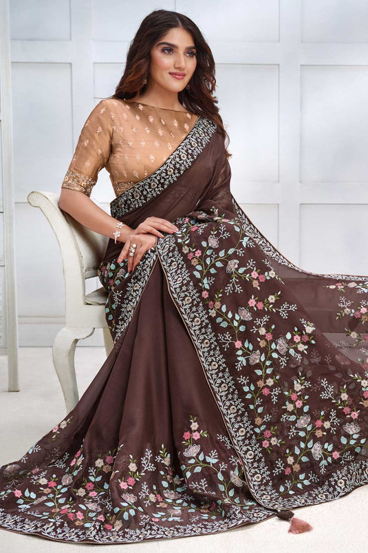 Brown Color Glorious Party Style Georgette Silk Saree